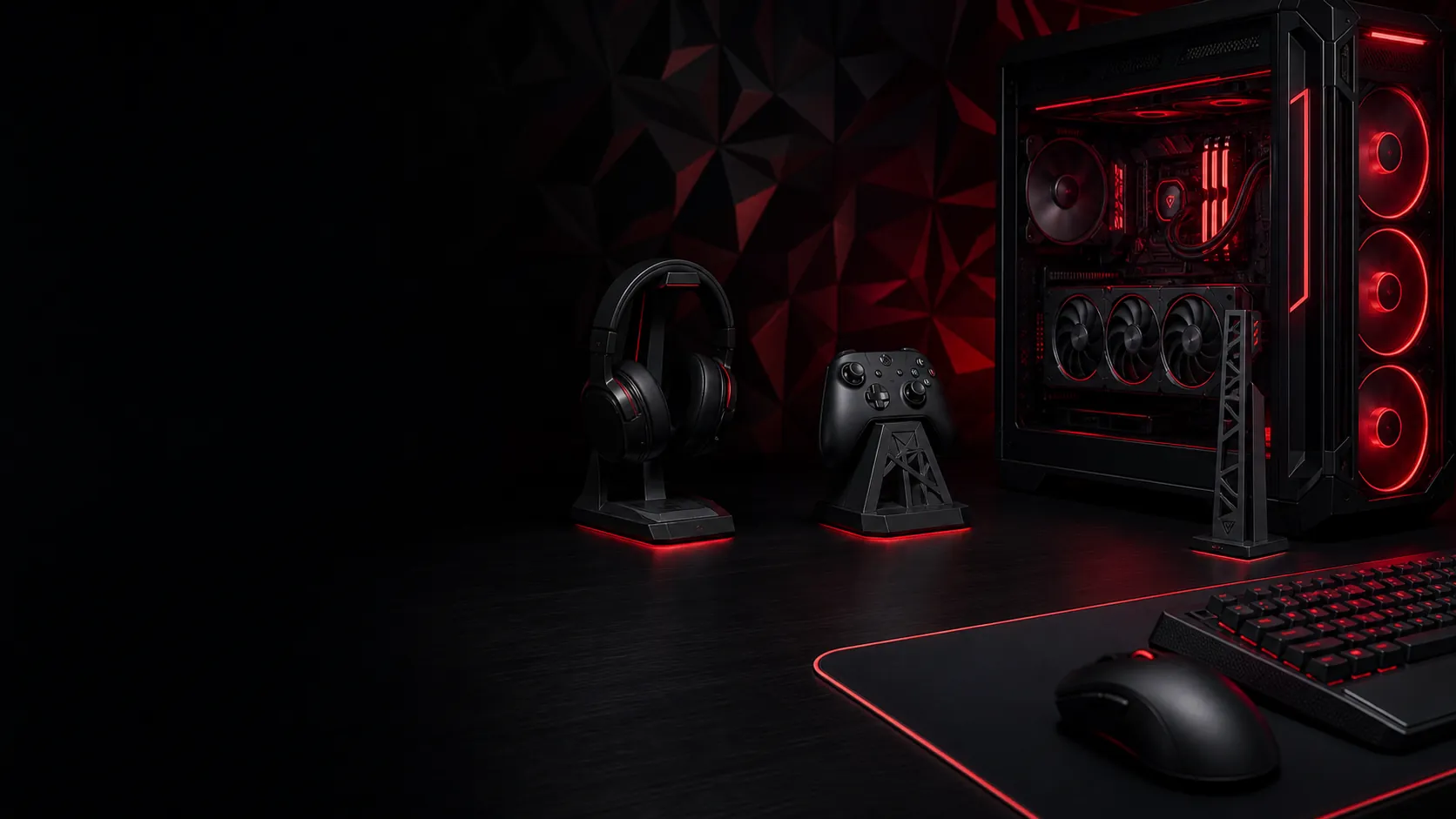 Setup gamer premium com acessórios 3D, iluminação vermelha e gabinete customizado
